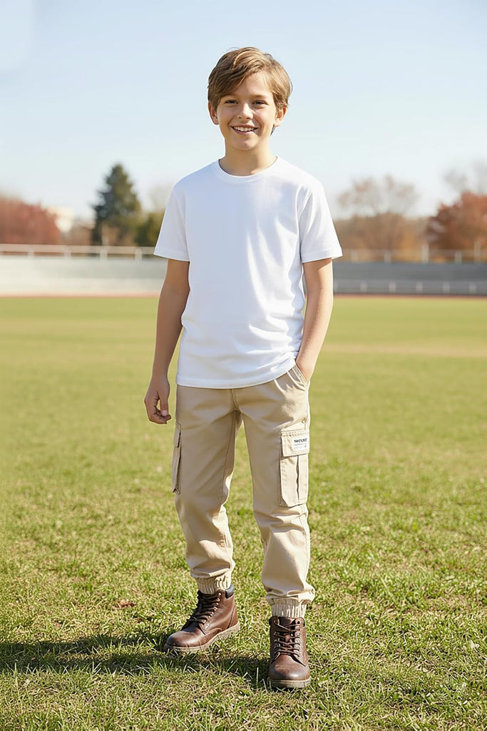 Boys Cargo Joggers Drawstring Jogging Pants Kids Elastic Waist Trousers