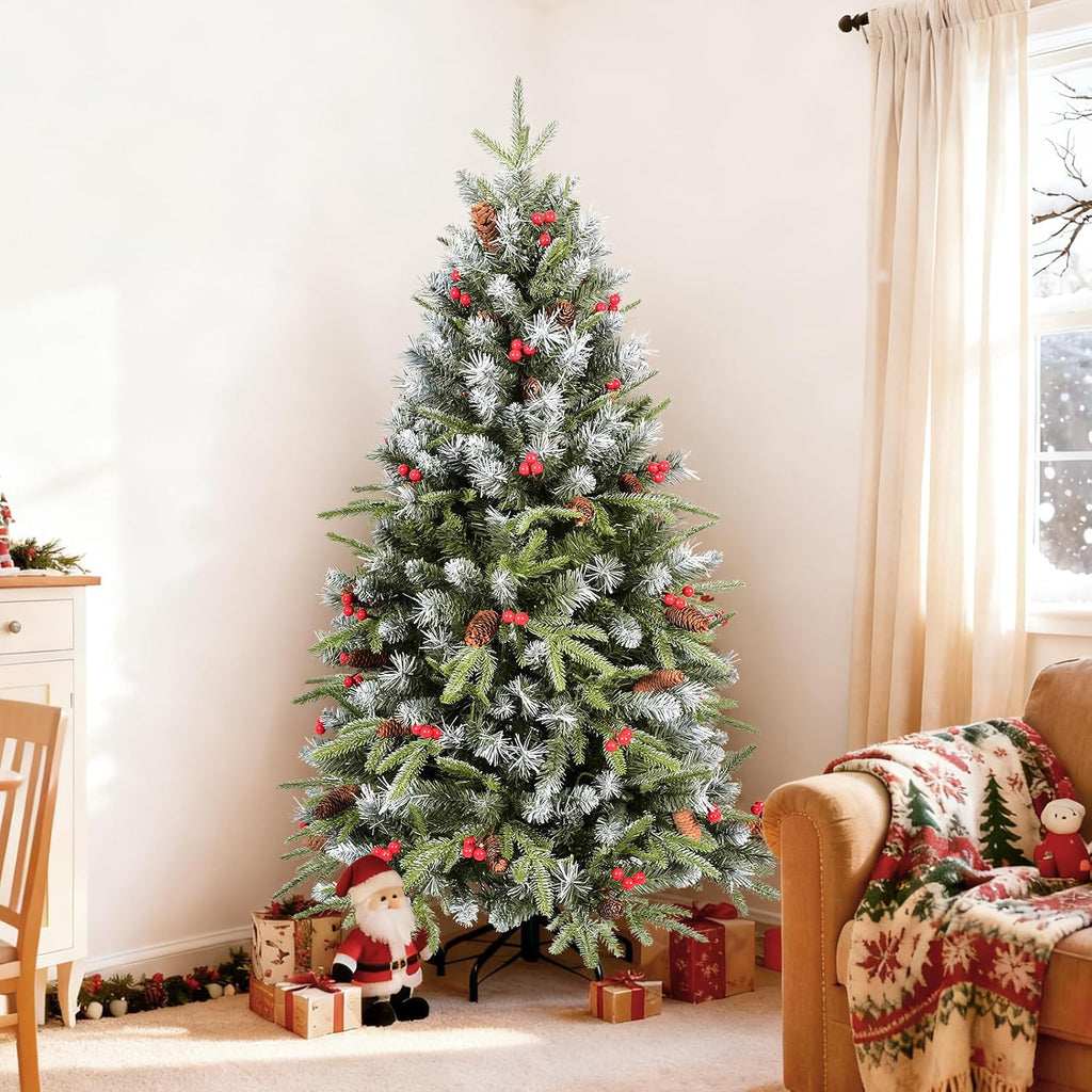 7 Ft Artificial Christmas Tree Pre-Decorated with Snow Flocked PVC&PE Tips, Pine Cones, Red Berries, Unlit Xmas Tree