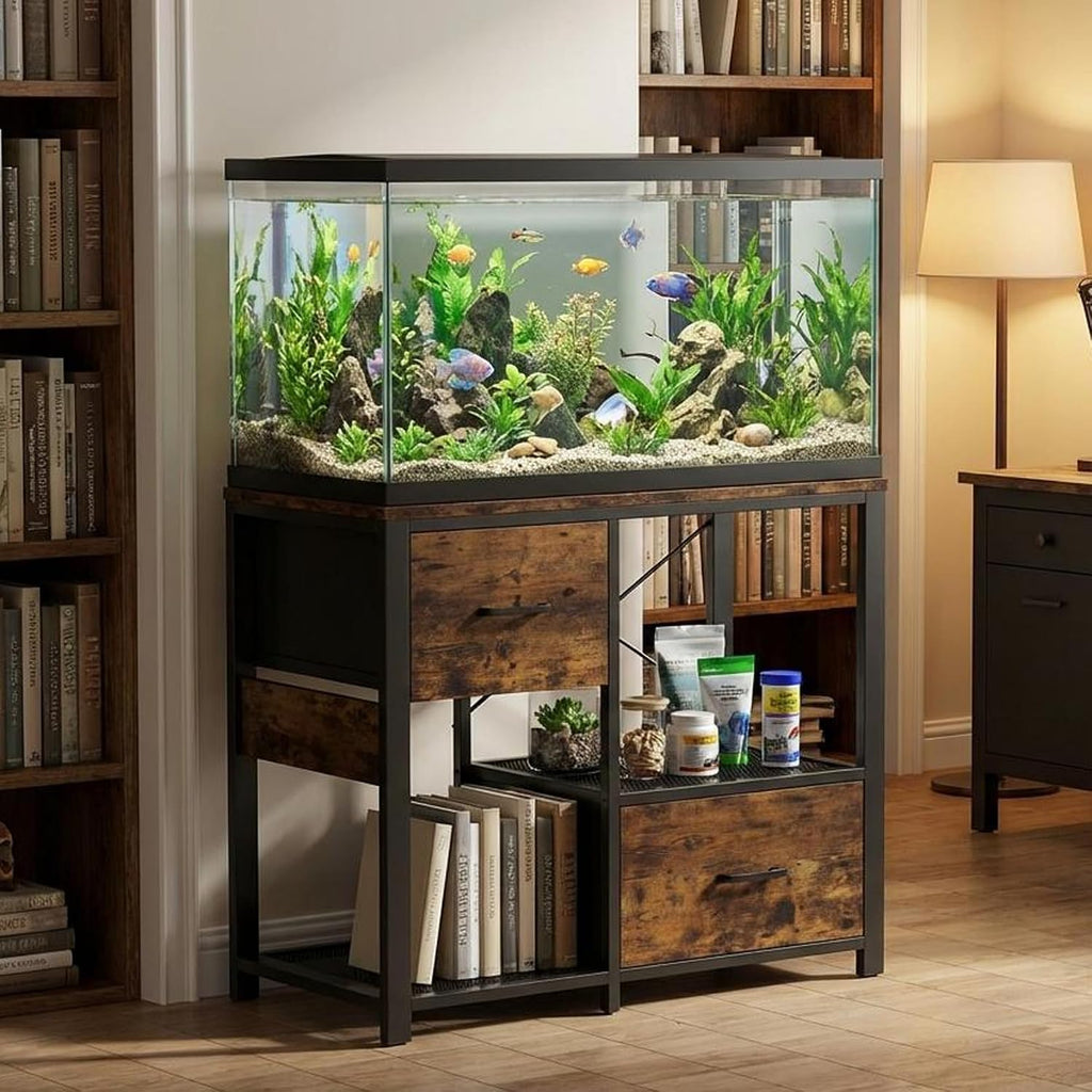 20-29 Gallon Fish Tank Stand, Aquarium Stand Shelf with 2 Drawers and Power Outlet, Heavy Duty Metal Frame, for Fish