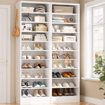 10 Tiers Narrow Shoe Cabinet Set of 2, 35.4" Tall Wood Shoe Rack, Shoe Storage Organizer with Open Storage, Vertical