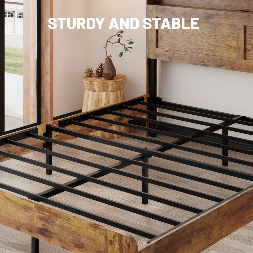 Wooden Bed Frame King Size with Storage Headboard, Brown