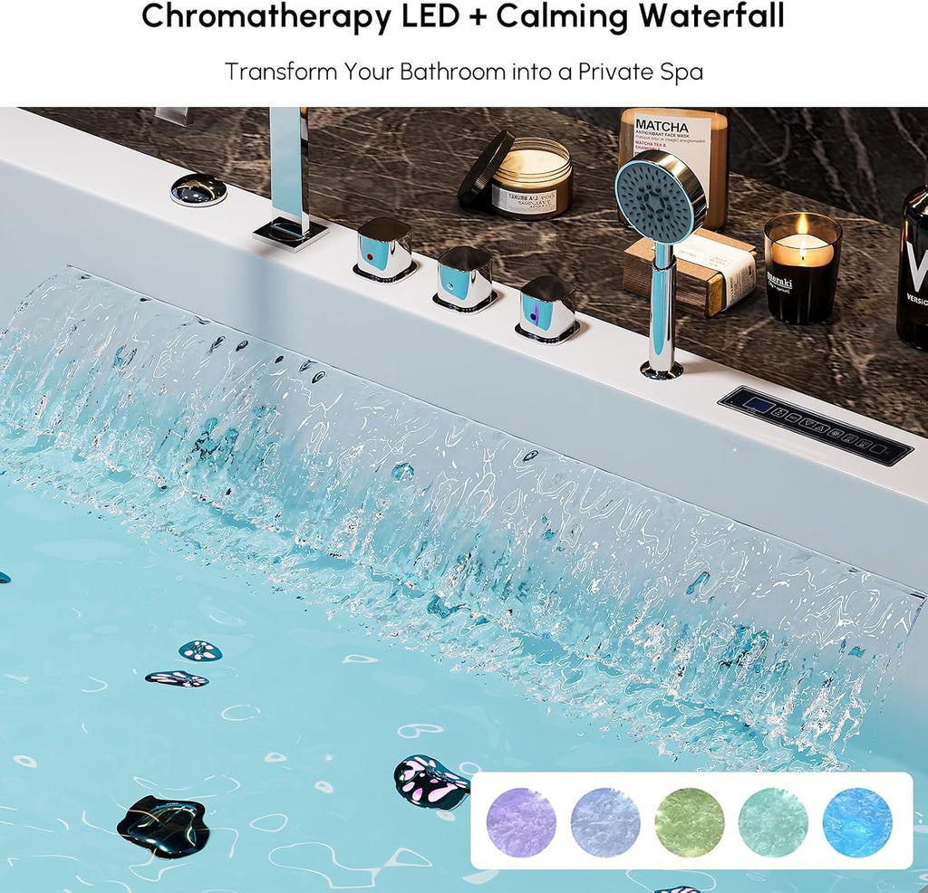 70.8" Whirlpool Bathtub with Thermostat Control, 2-Person Jetted Bathtub 3-Sided Apron Acrylic Soaking Tub, Lumbar