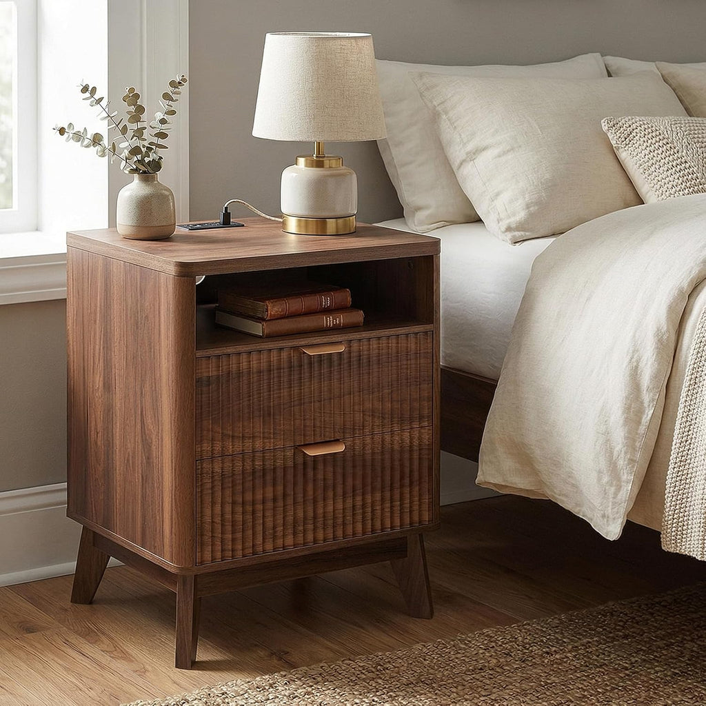 Fluted Nightstand with Charging Station, 19.7 inch Wide End Table with 2 Drawers, Modern Wood Bedside Table ,Brown,1