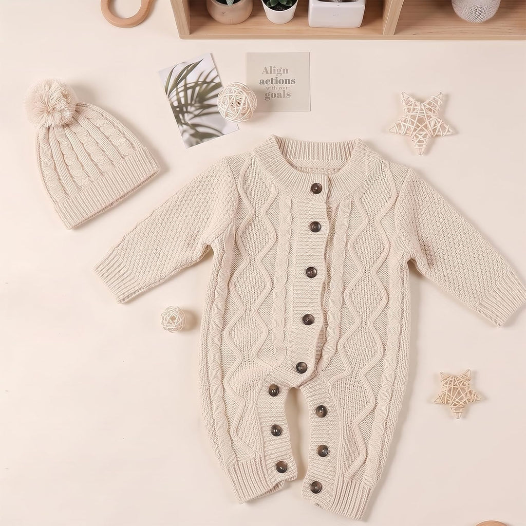 Baby Knit Sweater Romper Infant Long Sleeve Ribbed Outfit Clothes for Boys Girls with Beanie Hat Set