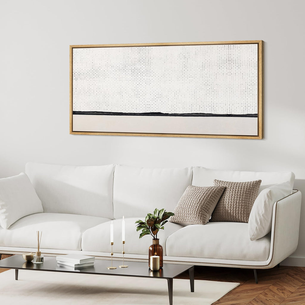 Extra Large Framed Canvas Print Wall Art Minimalist Dotted Horizon Line in Monochrome Antique Retro Fine Art