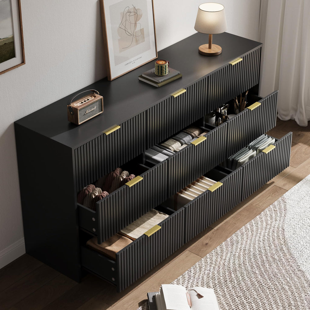 63" Wide Fluted 9-Drawer Dresser, Black