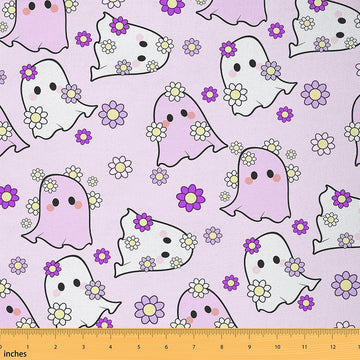 Happy Halloween Fabric by The Yard Kawaii Ghost Printed Upholstery Fabric for Chairs Purple Ghost Floral Waterproof