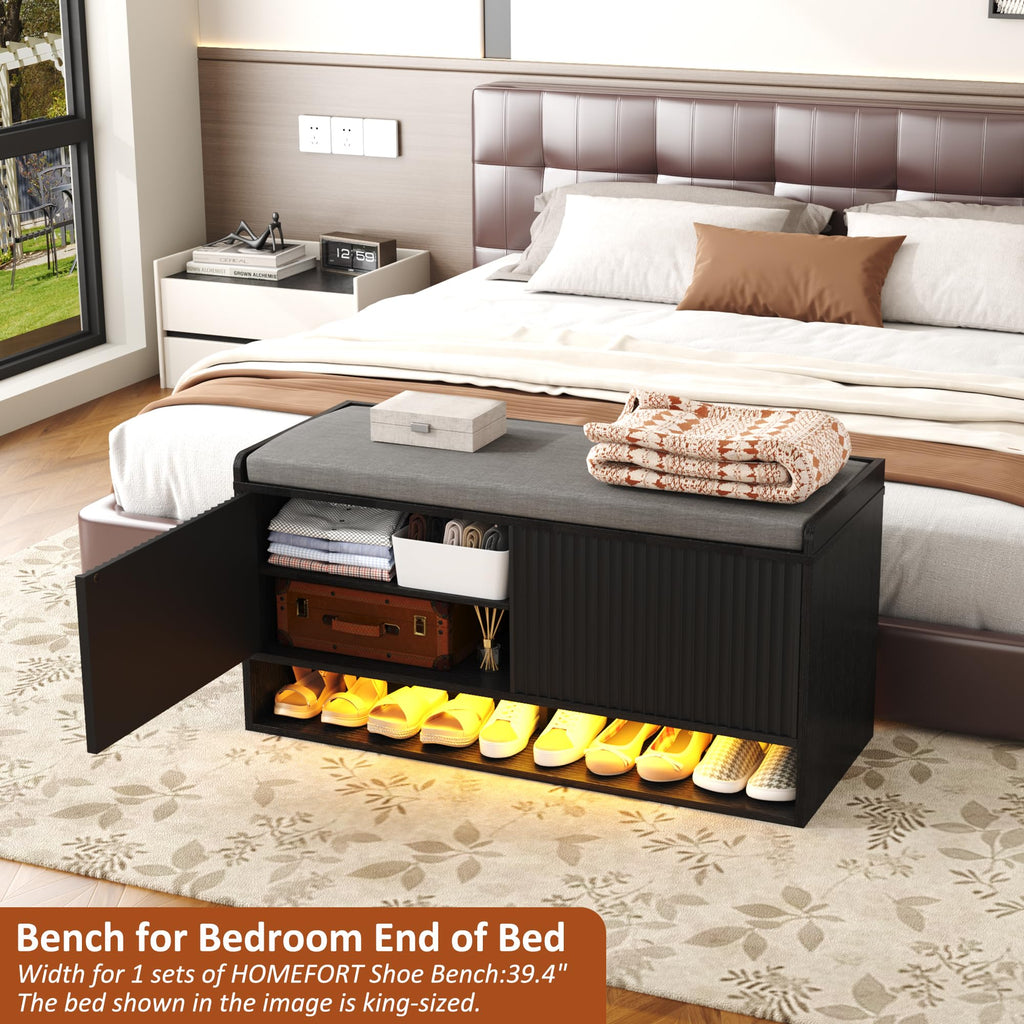 39.4" Fluted Shoe Storage Bench, Entryway Bench with Linen Seat Cushion, Shoe Cabinet Bench with Adjustable Shelf and