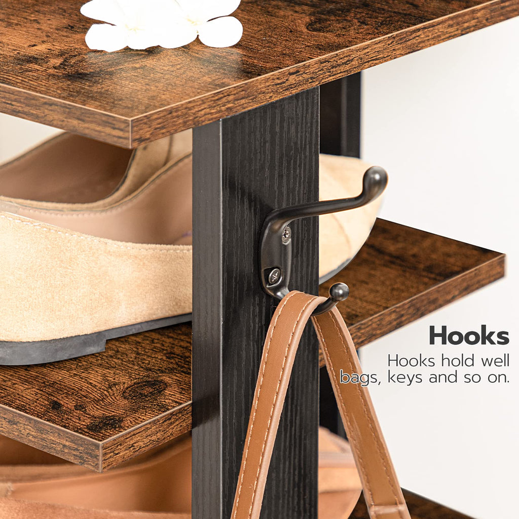 8 Tiers Vertical Shoe Rack, Wooden Shoe Storage Organizer with Hooks, Narrow Shoe Tower for 8 Pairs, Space Saving