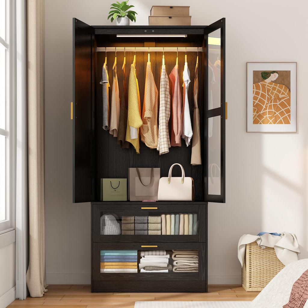 2 Doors Armoire Wardrobe Closet with LED and Mirror, 71" H Freestanding Wooden Wardrobe Closet Cabinet w 2