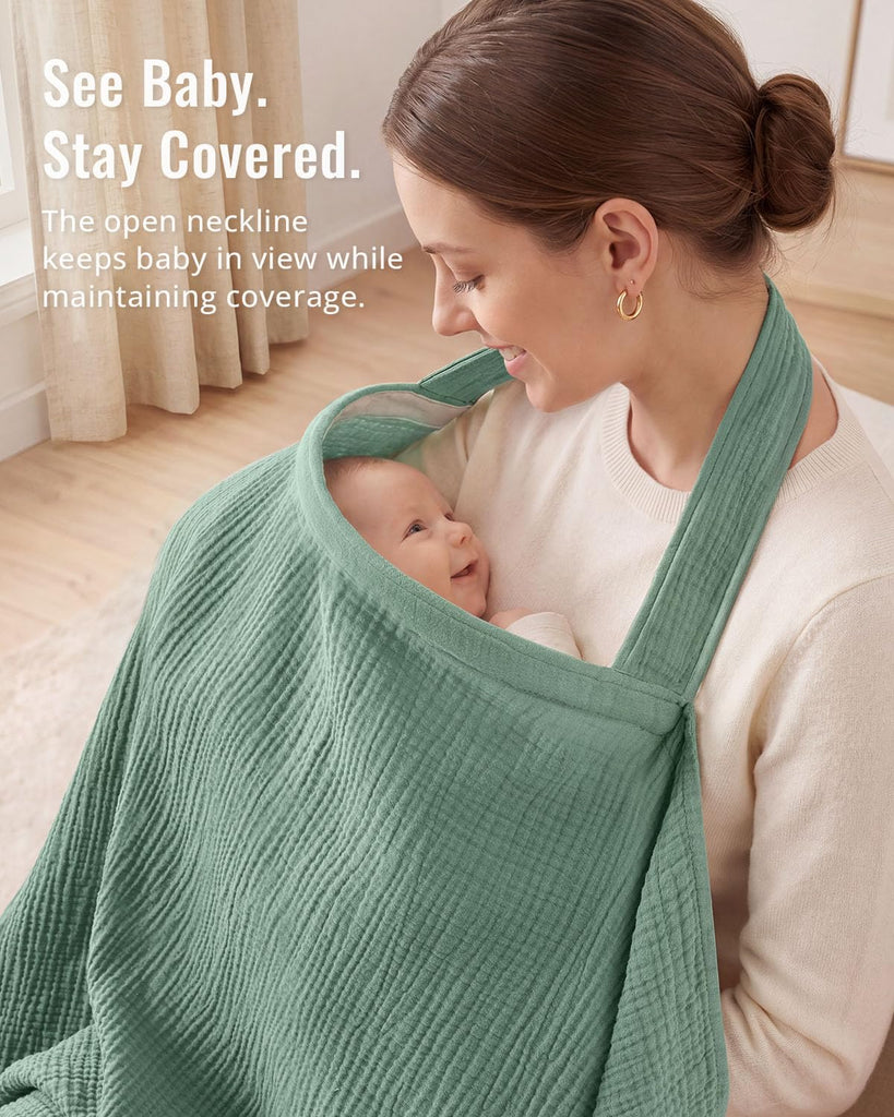 Muslin Nursing Cover for Breastfeeding, Breathable Breastfeeding Cover up with Arch Neckline for Women, Nursing Apron