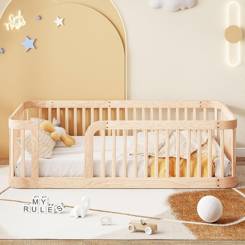 Floor Bed with High Fence & Entrance, Natural Floor Bed for Kids