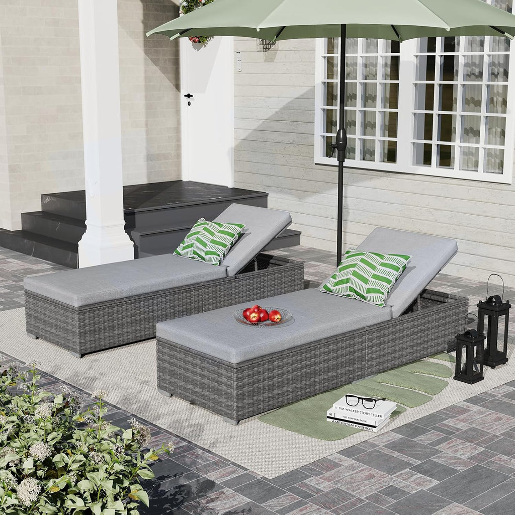 Outdoor Patio Chaise Lounge Chair Set of 2, Grey Wicker, Light Grey