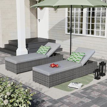 Outdoor Patio Chaise Lounge Chair Set of 2, Grey Wicker, Light Grey