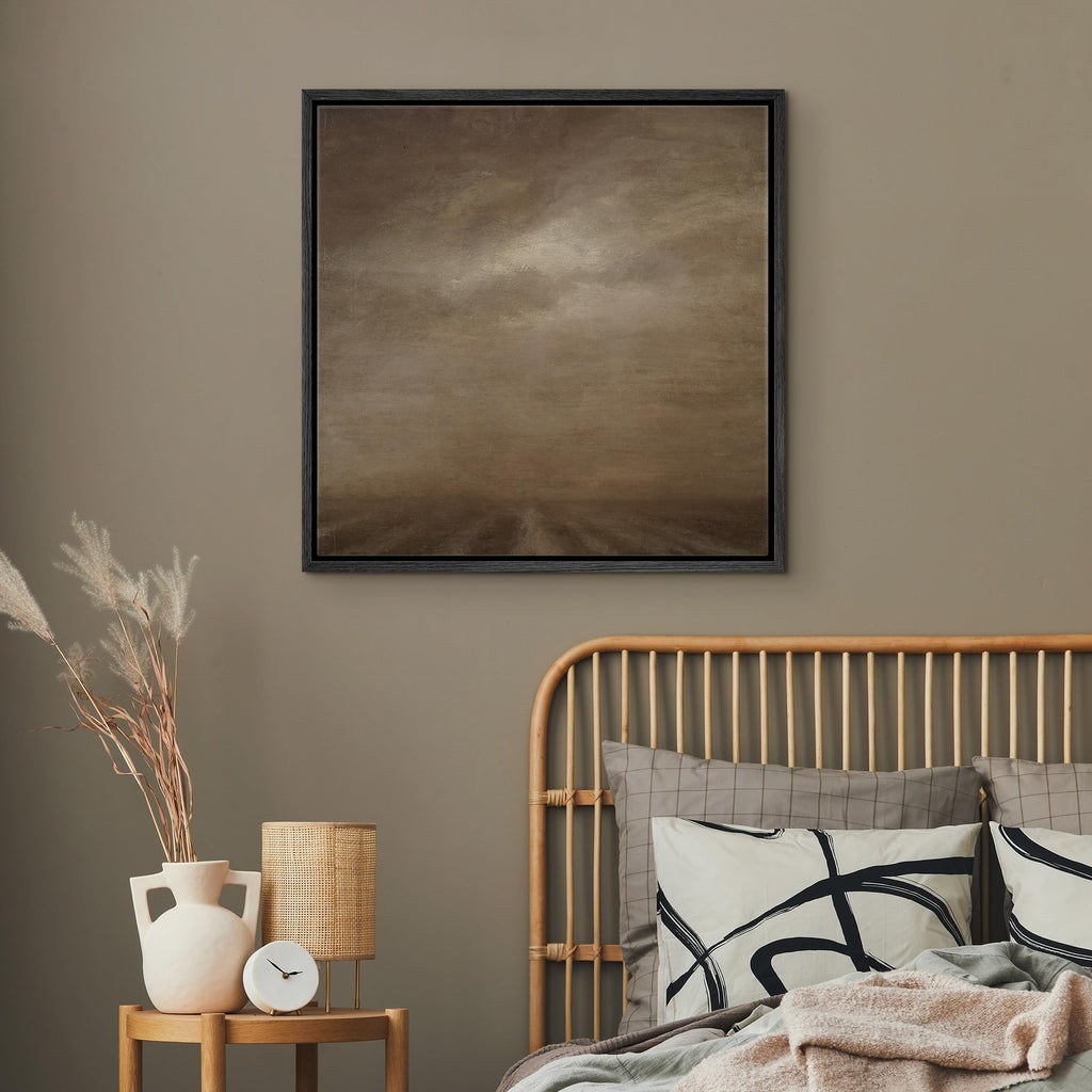 Framed Canvas Print Wall Art Misty Desert Horizon Earth Tone Landscape Illustrations Rustic Zen - 16"x16" Black