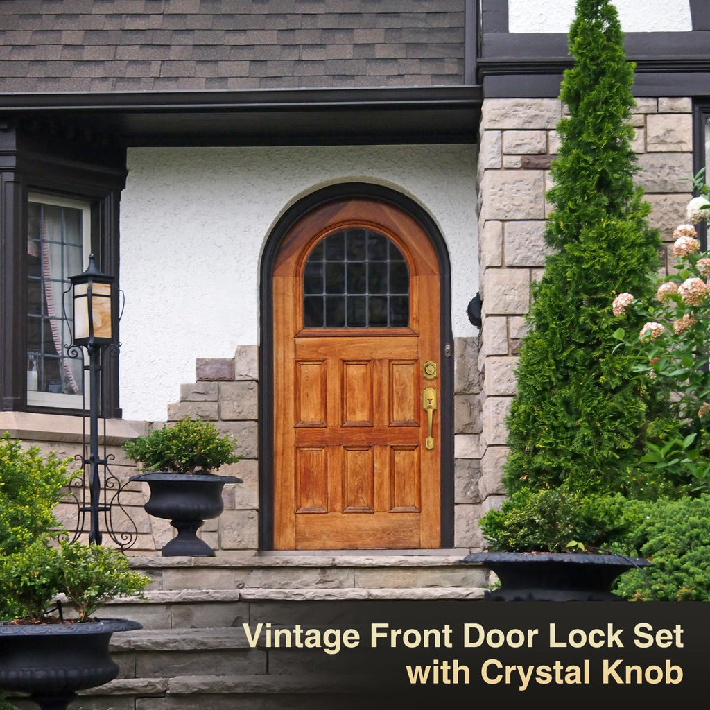 Antique Brass Front Door Lock Set with Glass Door Knob Vintage