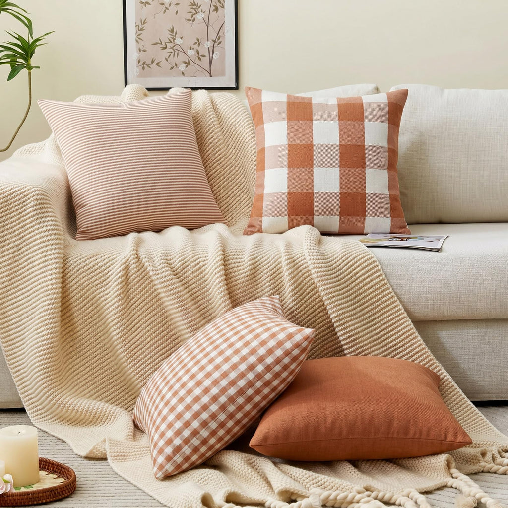 Burnt Orange Fall Plaid Outdoor Porch Pillow Covers 18x18 Set of 4
