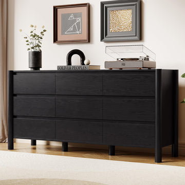 Black Dresser, 63" Wide 9 Drawer Mid Century Modern Chest
