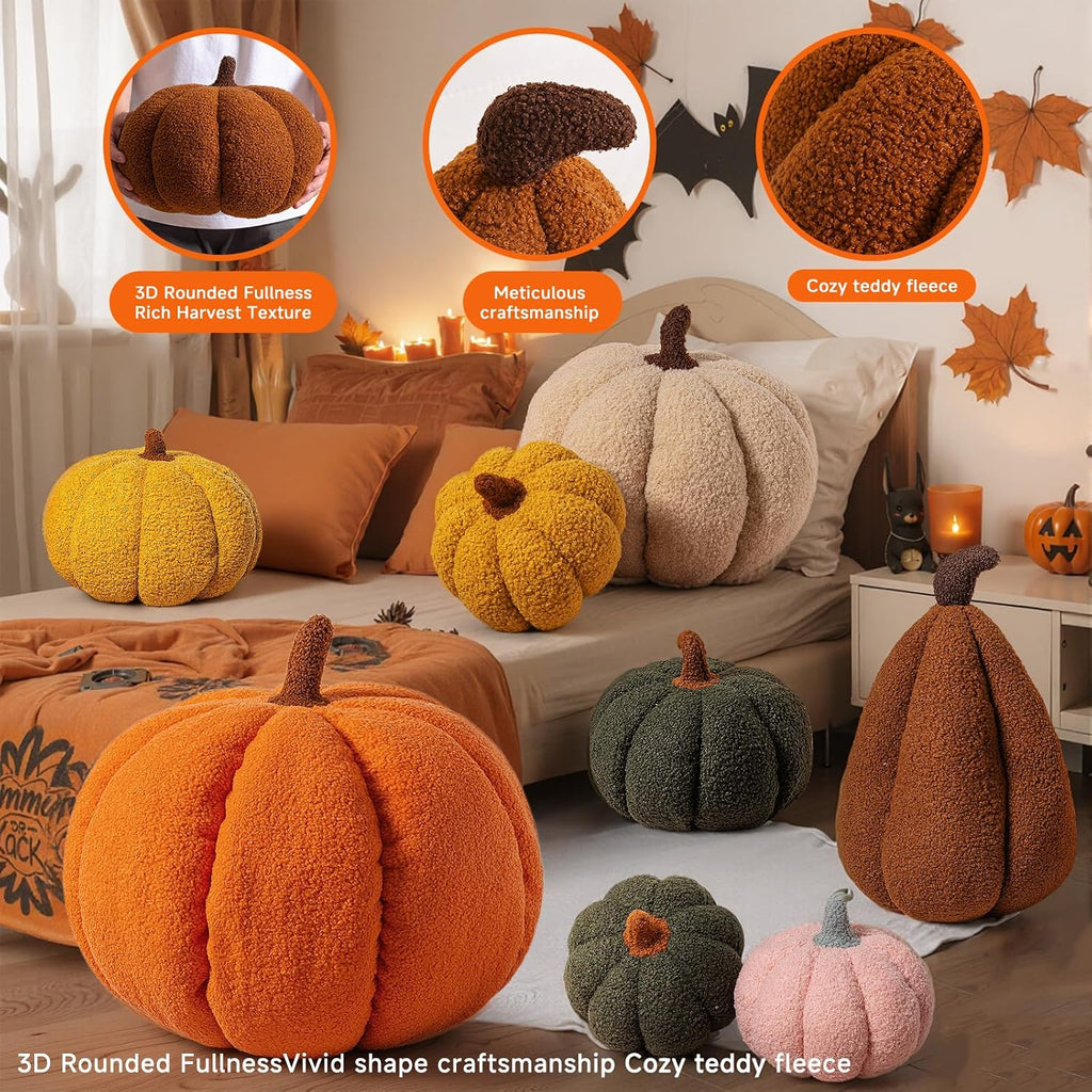 Fall Pumpkin Pillows, Halloween Decoration Decorative Throw Pillows Soft Fleece Sherpa Cute 3D Shaped - Set of 2