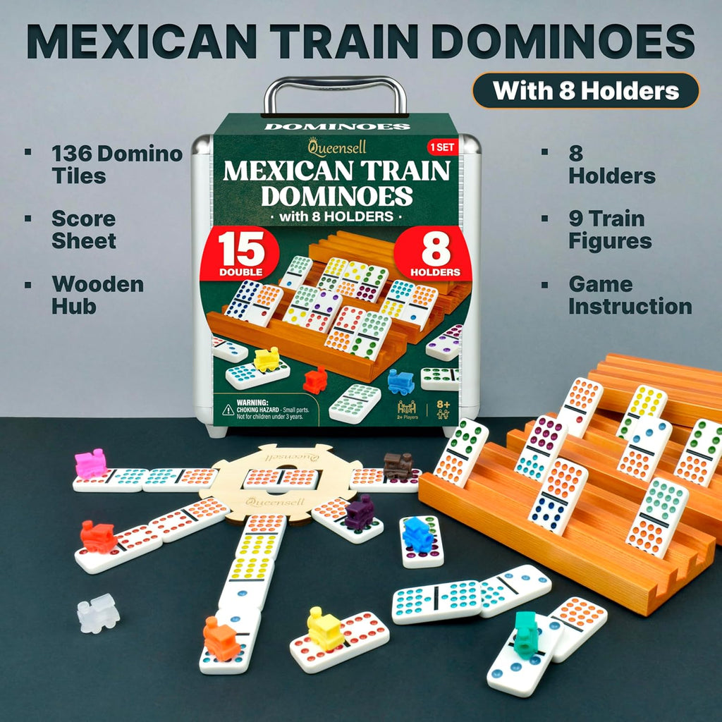 Mexican Train Dominoes Set Double 15 with 8 Holders - Wooden Hub and Tiles Holders - Double 15 with Dots (D15 + 8