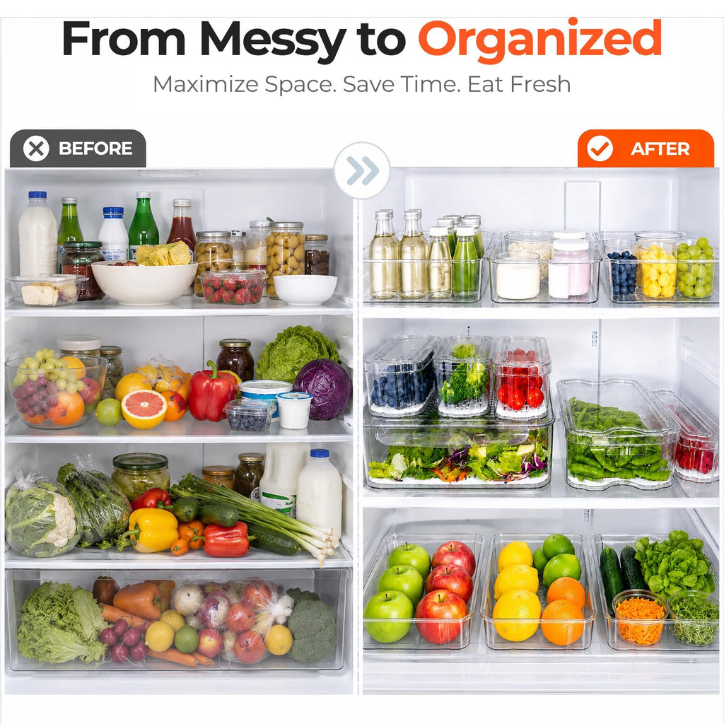 8 Pack Clear Fridge Organizer Bins with Drain Trays - Stackable