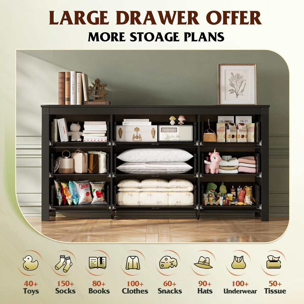 9-Drawer 62.2"W Farmhouse TV Stand for TVs up to 70 Inches, Black