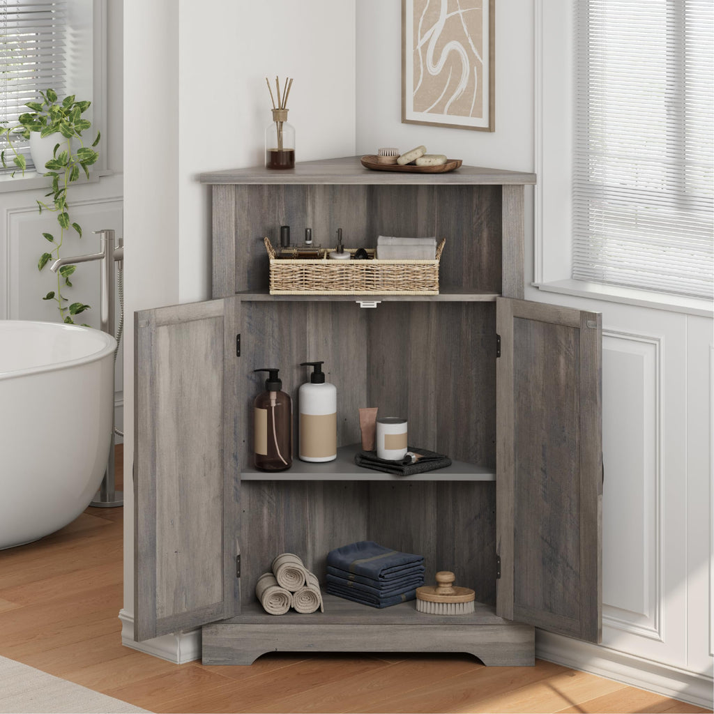 Bathroom Corner Storage Cabinet, Farmhouse Floor Corner Cabinet with Barn Door and Adjustable Shelf, Wash Grey Narrow