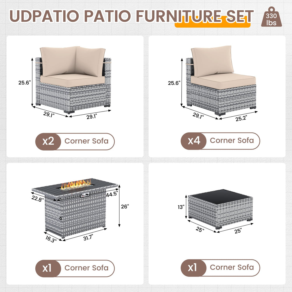 Patio Furniture Set with 44'' Fire Pit Table, 8 PCS Outdoor Sectional Furniture Sets, Outdoor Conversation Set PE