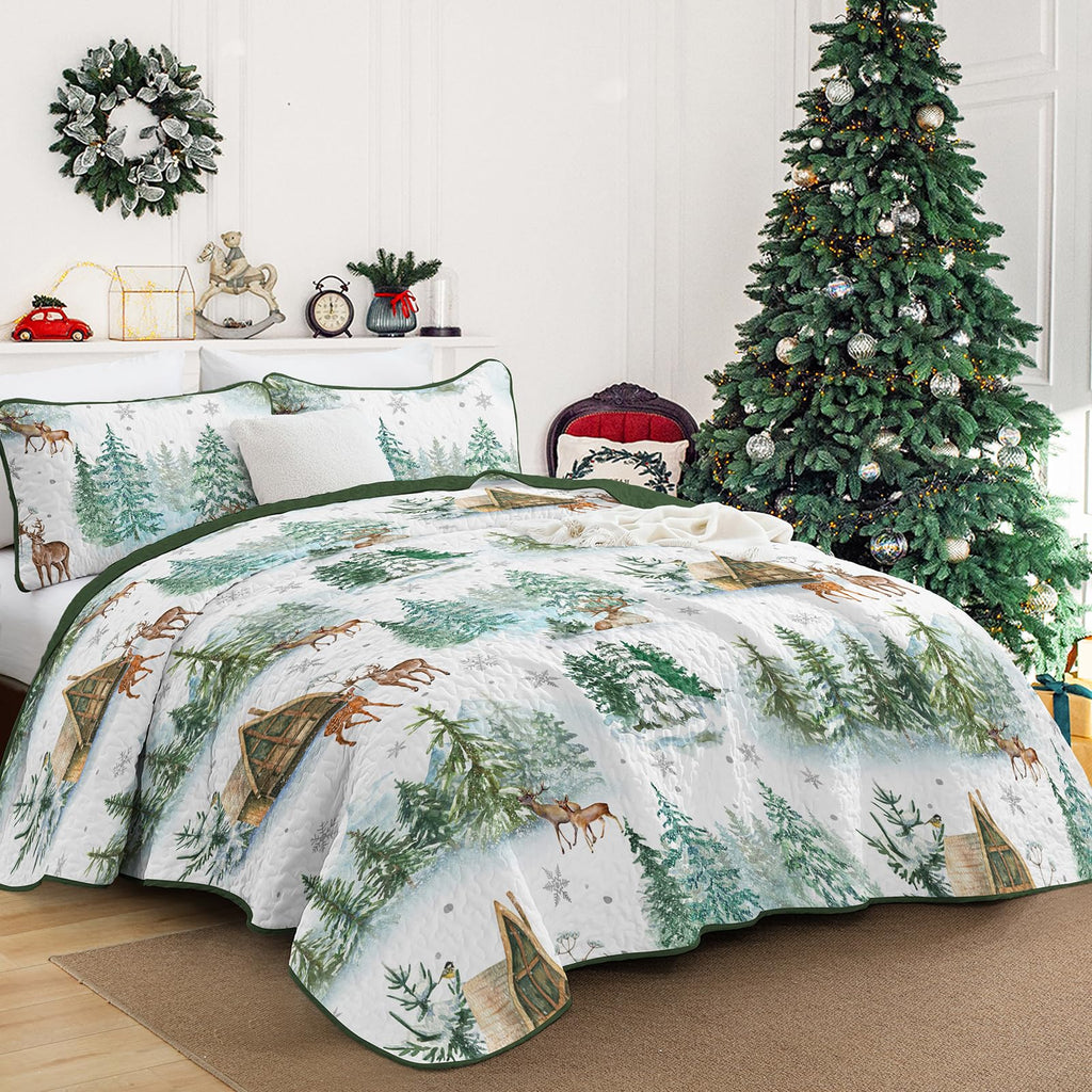 Christmas Quilt Set Queen Size, Green Pine Cabin Quilt