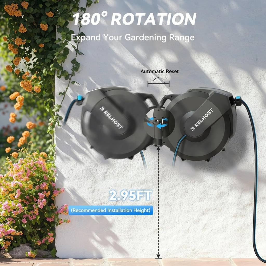 Retractable Garden Hose Reel, 1/2 in x 100 ft Wall Mount Heavy Duty Hose Reel with Any-Length Lock, Auto Rewind