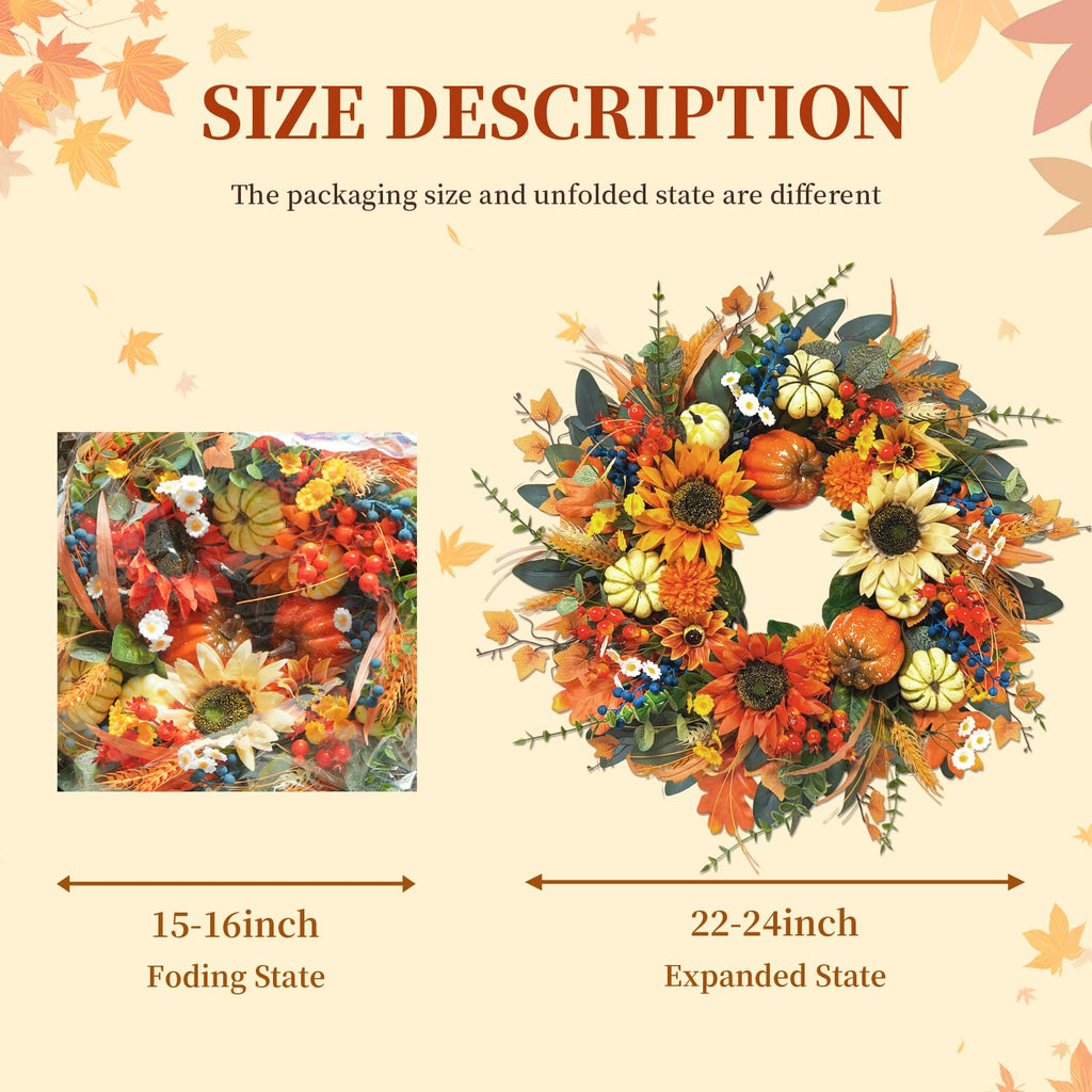 Fall Wreaths for Front Door 24", Fall Door Wreath with Sunflowers, Pumpkins