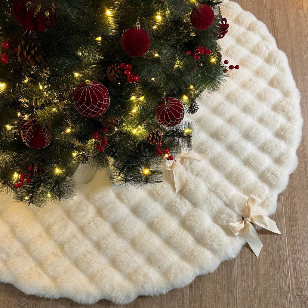 60-Inch Puff Quilt Faux Fur Christmas Tree Skirt, Soft Plush Tufted Texture with Satin Ribbon Ties, Cream