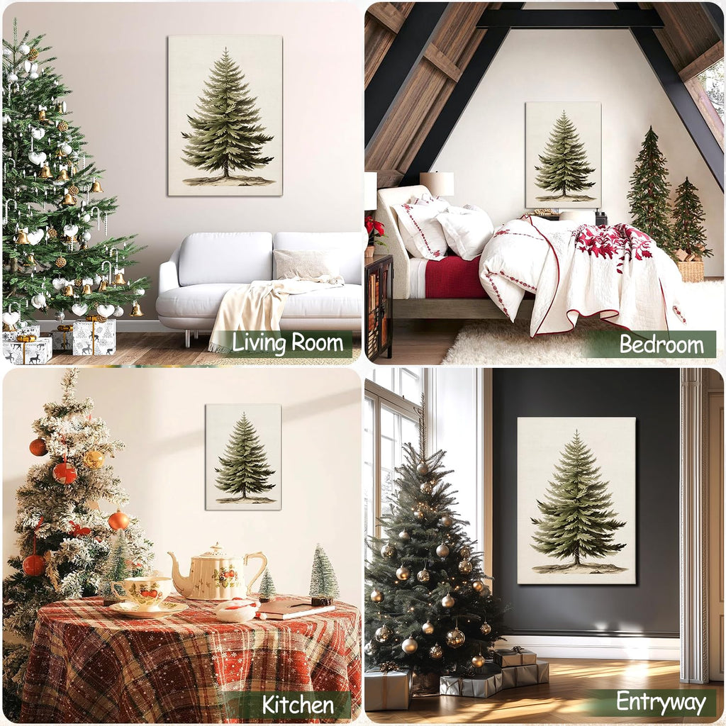 Vintage Christmas Tree Canvas Wall Art, Botanical Pine Tree Print Poster