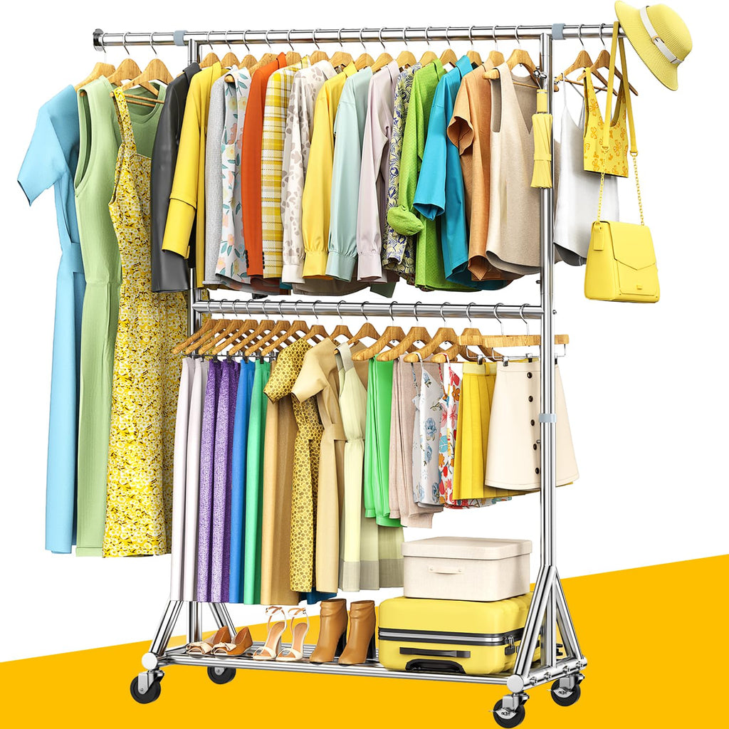 100% Stainless Steel Heavy Duty Clothes Rack Load 860LBS, Adjustable Height Double Rods Clothing Racks for Hanging