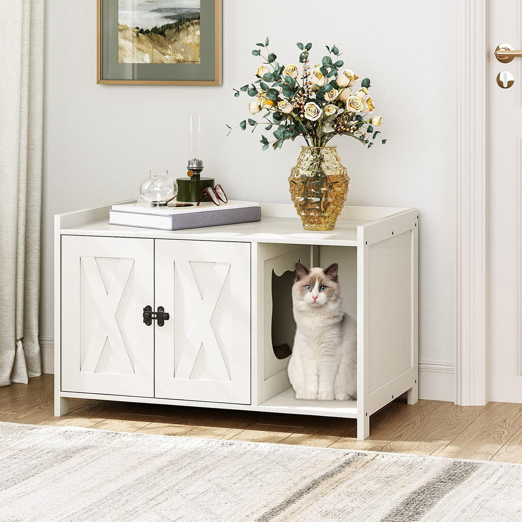 Cat Litter Box Enclosure, Hidden Litter Box Furniture with Divider, Indoor Cat House, Wooden Cat Washroom Storage