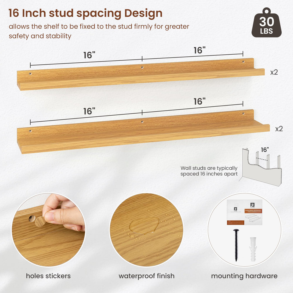 Picture Ledge Shelf, 36 Inch Oak Floating Shelves Set of 4
