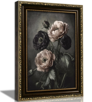 Vintage Gold Framed Wall Art, Moody Black and Blush Ranunculus Floral Oil Painting Print, Dark Botanical Still Life