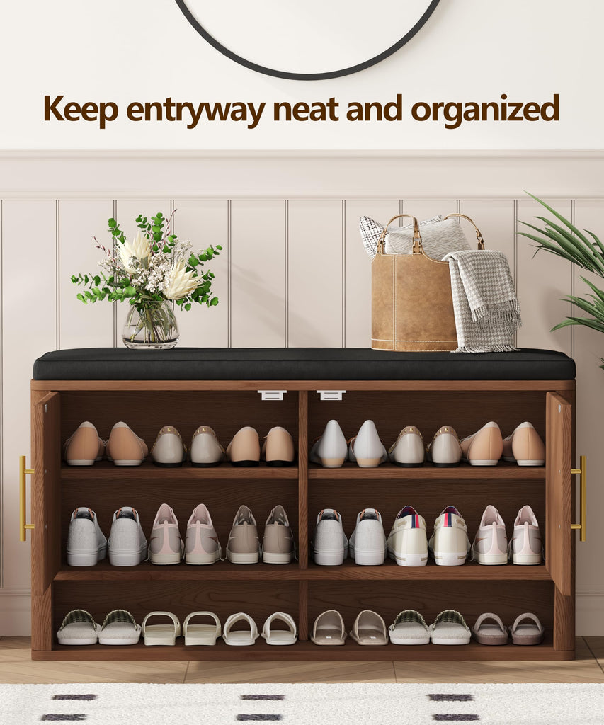 Fluted Shoe Storage Bench, Entryway Bench with Adjustable Shelves