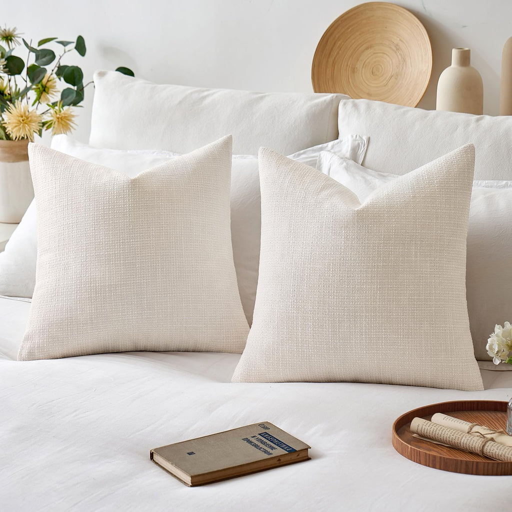 Burlap Linen Throw Pillow Covers 18x18 Inch Set of 2 Cream White Christmas Decorative Pillows Modern Farmhouse Soft