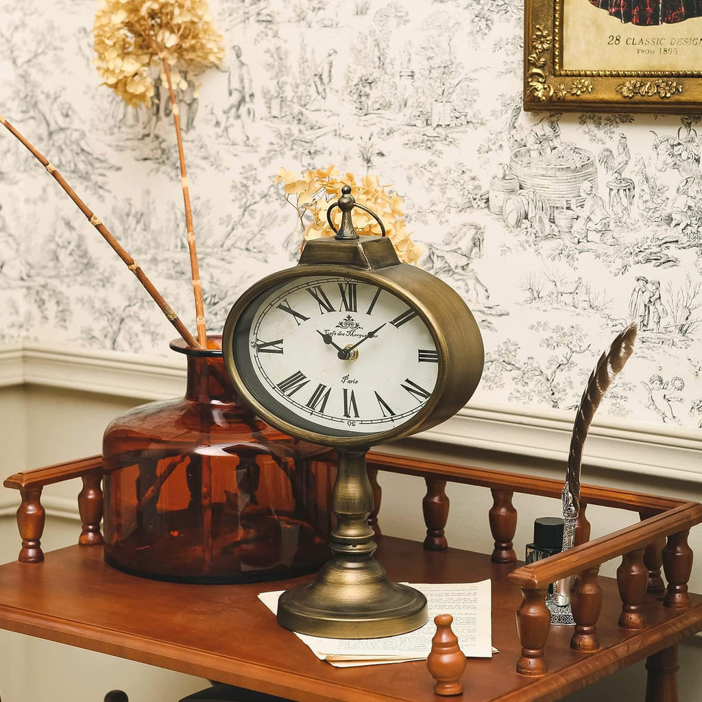 HOME Antique Mantel Clock, Gold Retro Desk Clock Silent-Non-Ticking Battery Operated Decorative Desk Table Clock