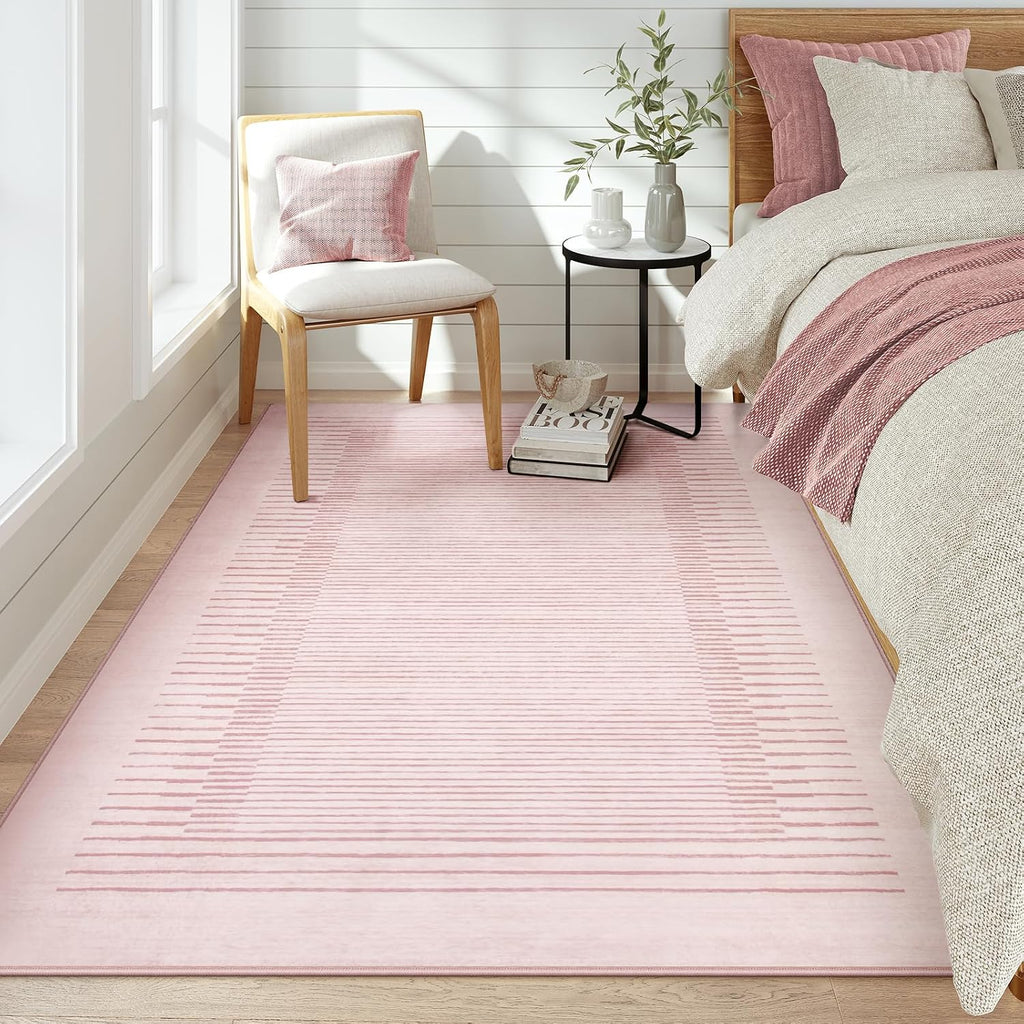 Washable Striped Living Room Area Rug, Non-Slip Berber Stripe Pink Area Rugs Girls, Low Pile Soft Large Throw