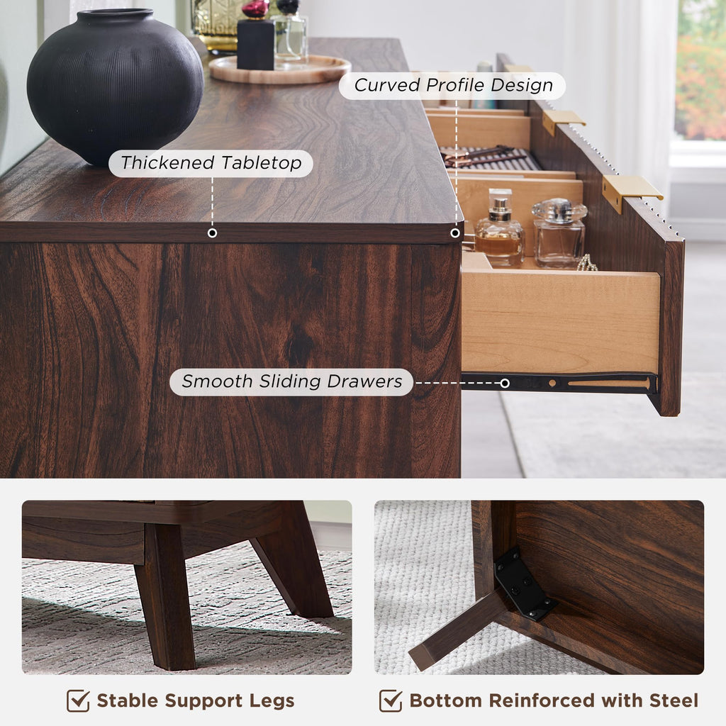 54" Wide Fluted 9 Drawer Dresser, Dark Walnut