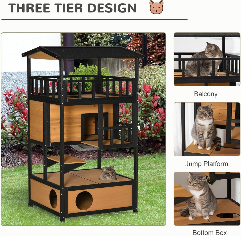 3-Story Wooden Outdoor Cat House w/Raised Floor, 5 Doors Yellow