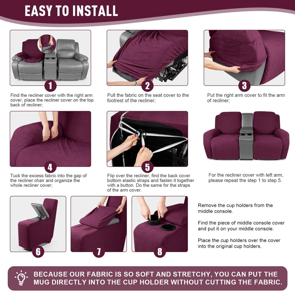 Loveseat Recliner Covers with Middle Console Slipcover, Burgundy