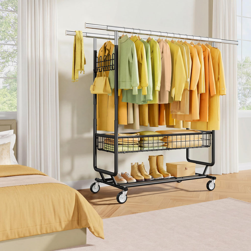 Clothes Rack Heavy Duty Load 1060 LBS with Wheels, Commercial, Black