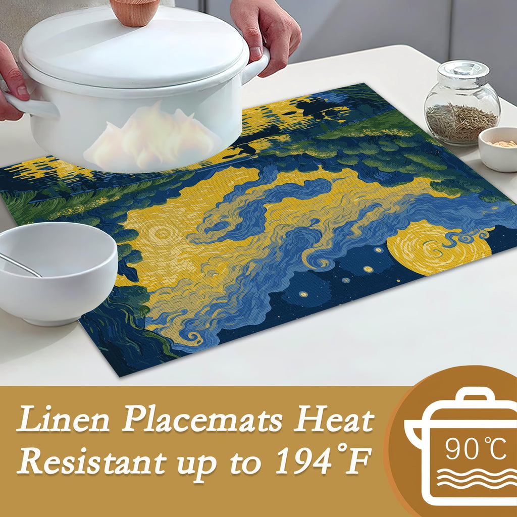 Van Gogh Style Watercolor Painting Placemats, 12 x 18 inch, Linen Table Runner Kitchen Dining Room Decor Holiday
