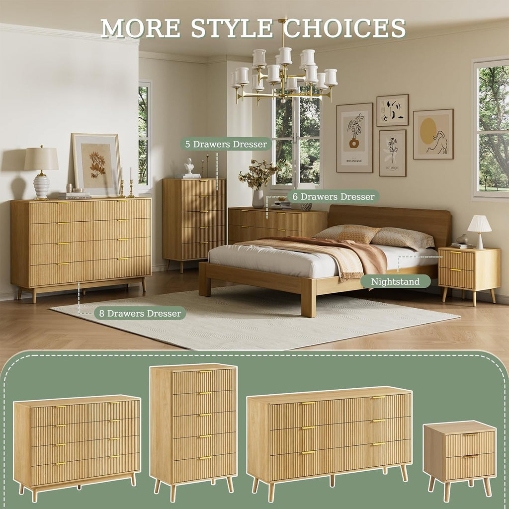 55" Wide Fluted Dresser with 6 Drawer, Modern Chest of Drawers with Curved Profile Design and Metal Handles, Wood