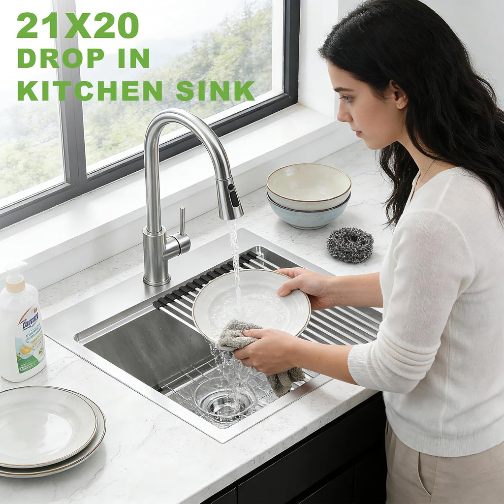 21x20x10 Inch Drop Sink, T304 16-Gauge Stainless Steel Single Bowl, Soundproof Brushed Finish, Includes Drain, Grid