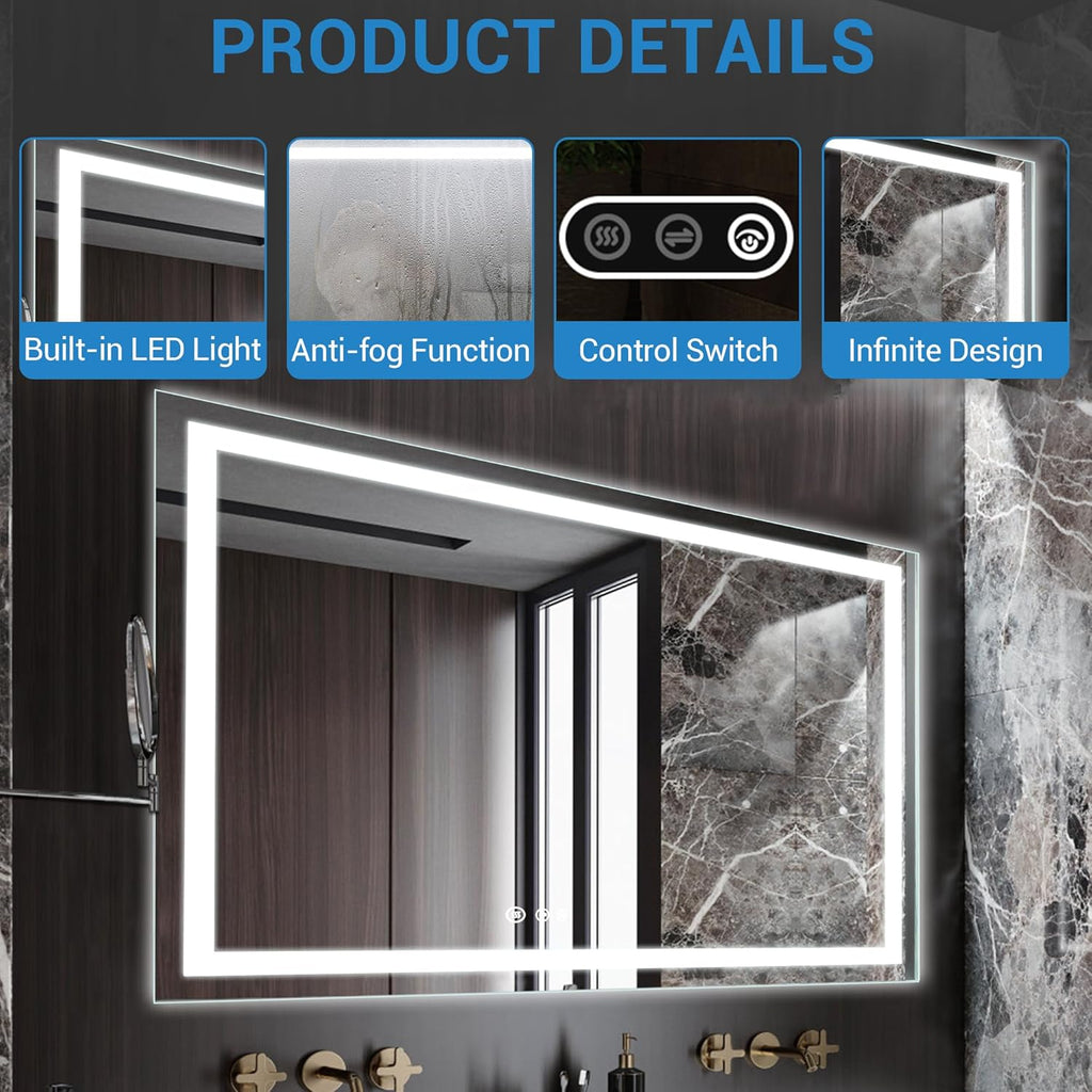 72" x 36" Bathroom Mirror with Lights, Anti-Fog Vanity Mirror with 3 Color Temperatures (3000K/4000K/6500K) &