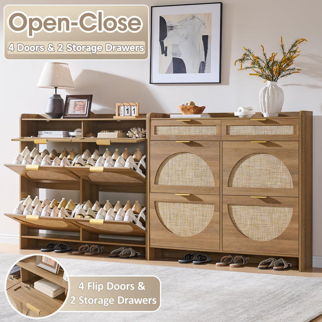 Rattan Shoe Storage Cabinet with 4 Flip Drawers & 2 Drawers, Freestanding Organizer for Front Door Entrance, Hidden